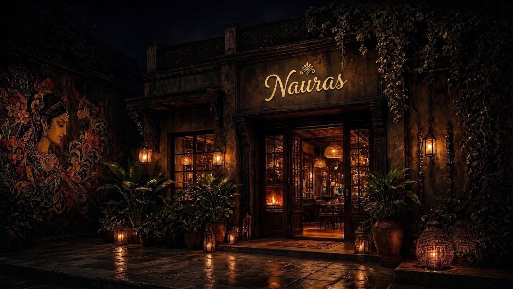The entrance at night, lanterns lit past the painted wall