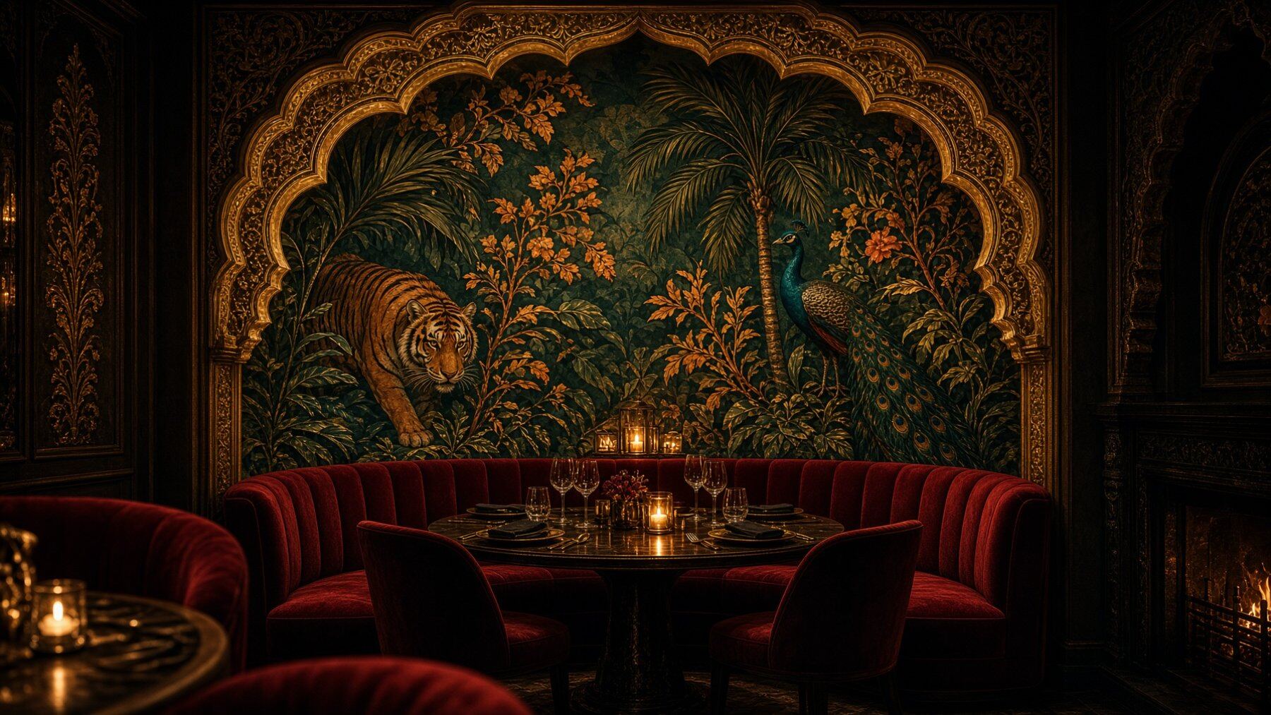 A booth laid under the painted arch