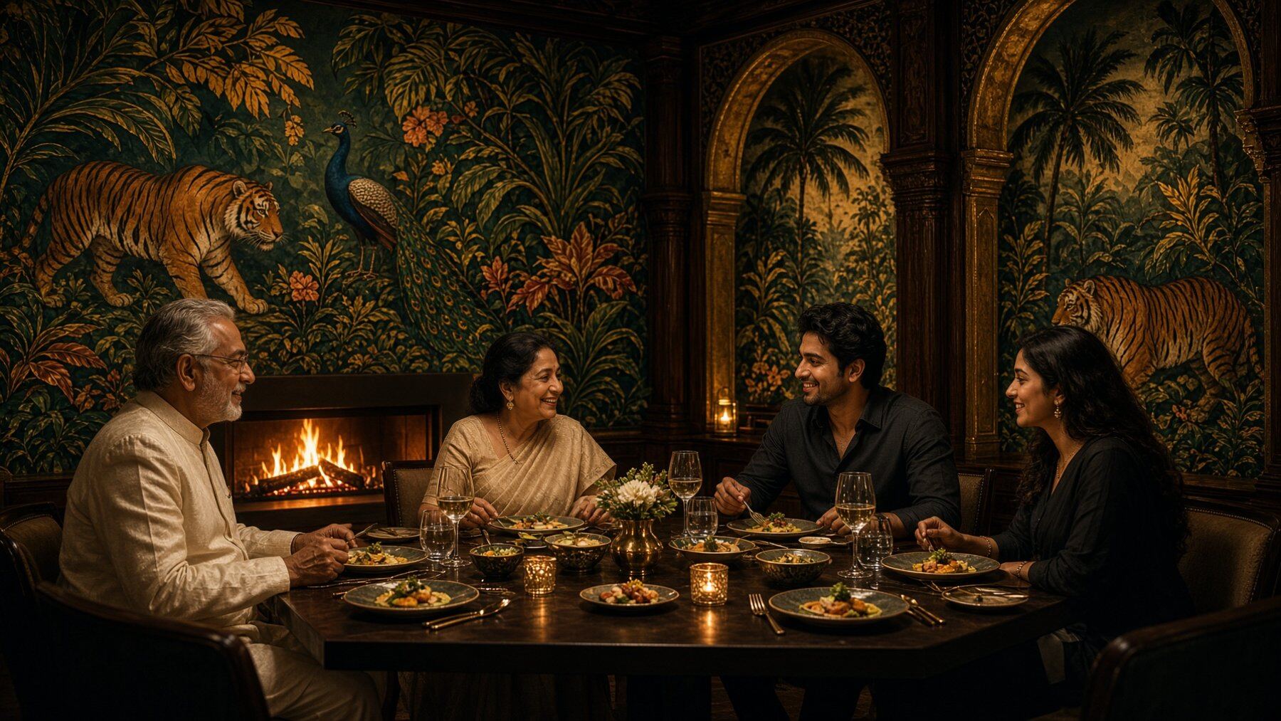 Four guests at one table, mid-meal
